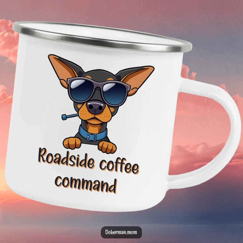 Funny Doberman traffic cop camping mug, Doberman with sunglasses directing, for outdoor enthusiasts, rugged and cool.