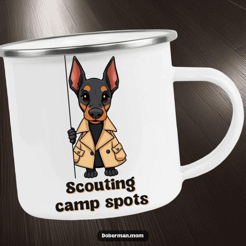 Funny camping mug showing a Doberman in a trench coat, peeking around a corner, ready for outdoor espionage.