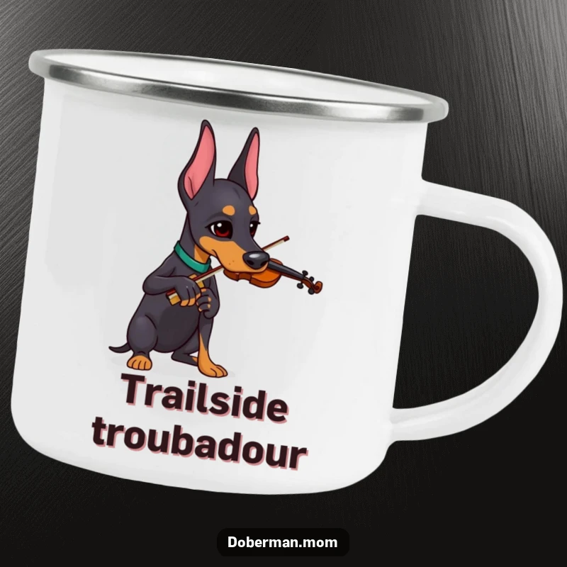 Funny Doberman playing a tiny violin under the stars, featured on a durable and funny camping mug.