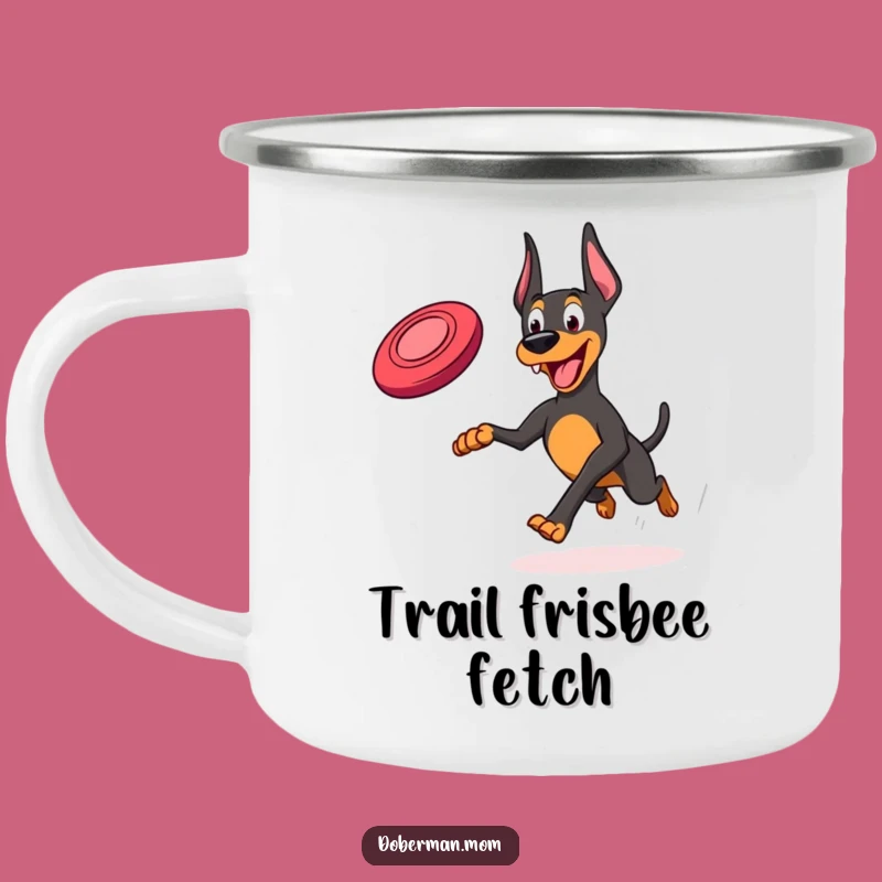 Funny Frisbee Doberman Camping Mug: Joyful Running Outdoor Companion Gift