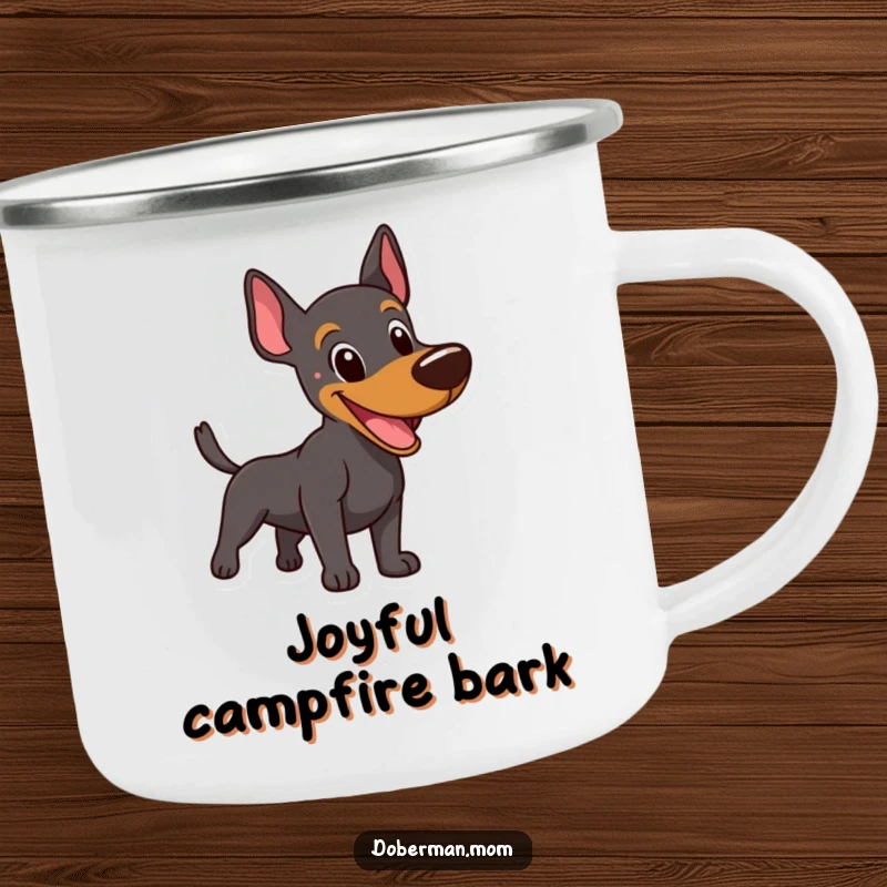 Funny Happy Doberman Camping Mug: A happy Doberman captured mid-bark, tail wagging, ready for outdoor adventures.