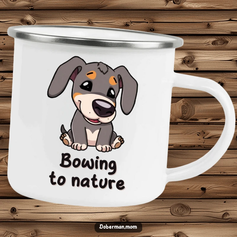 Funny Camping Mug: Kawaii Doberman character playfully bowing its head, ready for outdoor fun and adorable moments.