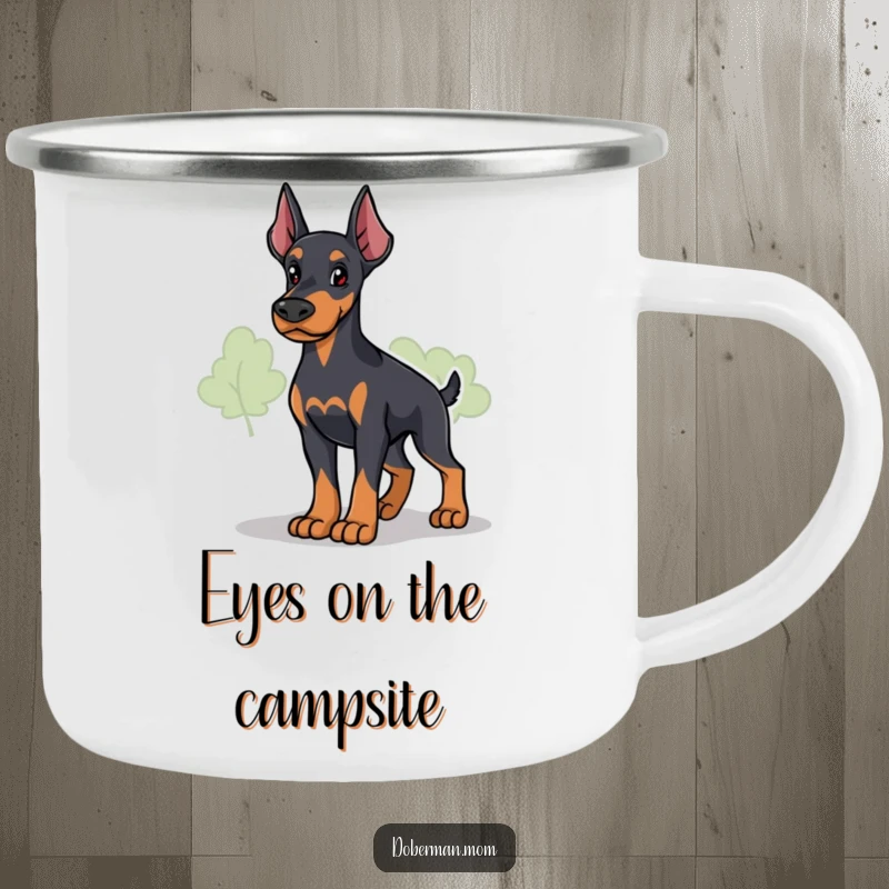 Funny Loyal Doberman Guardian Camping Mug: a durable mug featuring a protective dog surveying; humorous for vigilant adventurers.