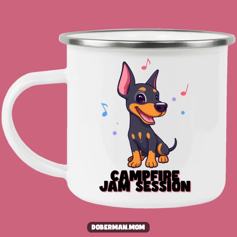 Funny Musical Doberman Camping Mug: Rhythmic Dog, Outdoor Beats