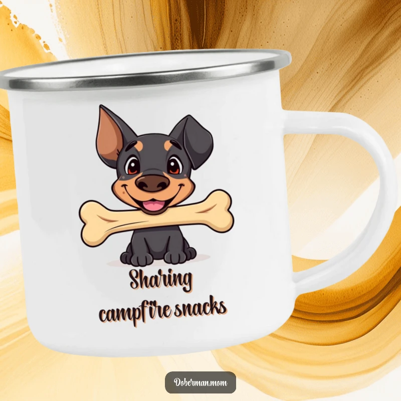 Funny Sweet Doberman camping mug with a happy smile, offering a well-worn bone, ideal for outdoor enjoyment with adorable humor.