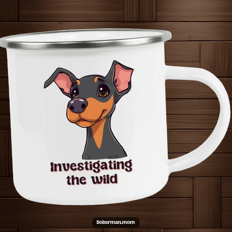 Funny Doberman camping mug featuring a dog with a curious head tilt, perfect for outdoor adventures and humor.
