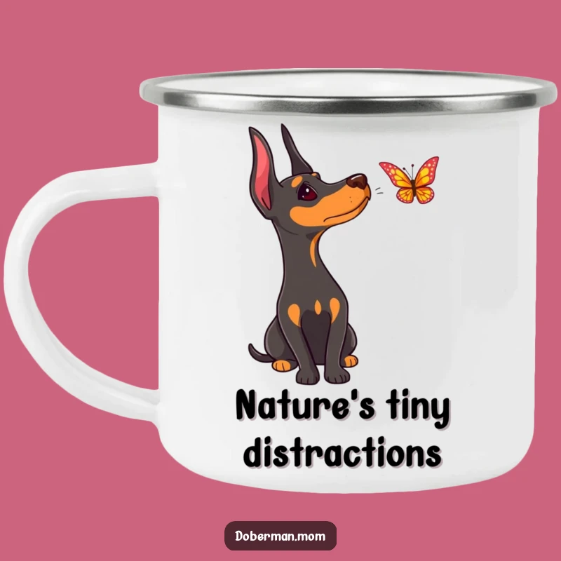 Funny Doberman Butterfly Camping Mug: Rugged Curious Dog Enamel Cup, Perfect Funny Gift