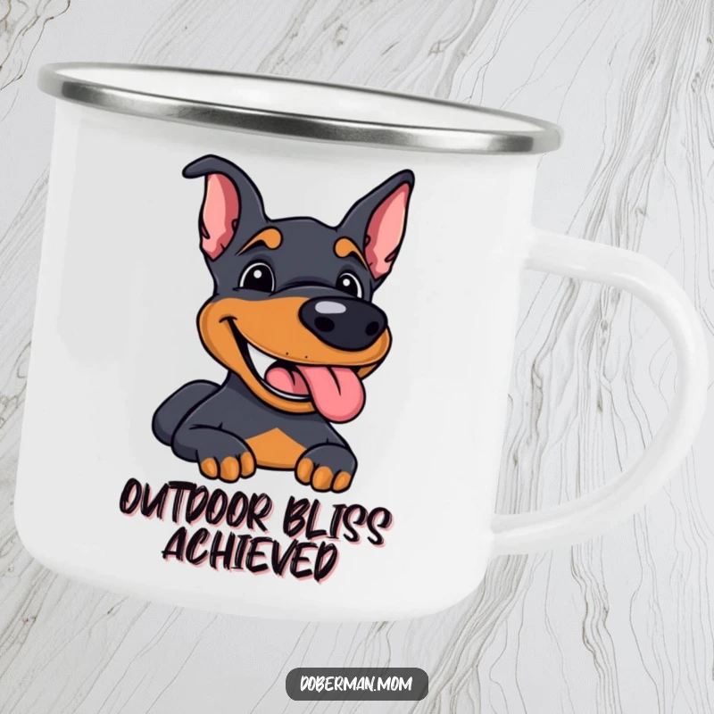 Funny Doberman camping mug featuring a dog with a wide, happy grin and panting, perfect for joyful adventures.