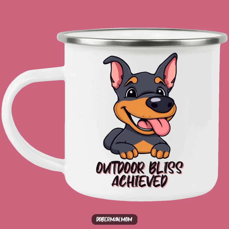 Funny Doberman Camping Mug: Happy Trails Companion, Rugged and Joyful Funny Gift