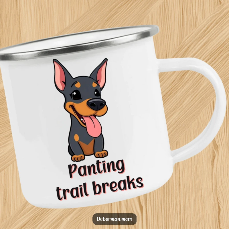 Funny camping mug with a durable design, showing a Doberman dog with its tongue out, panting happily.