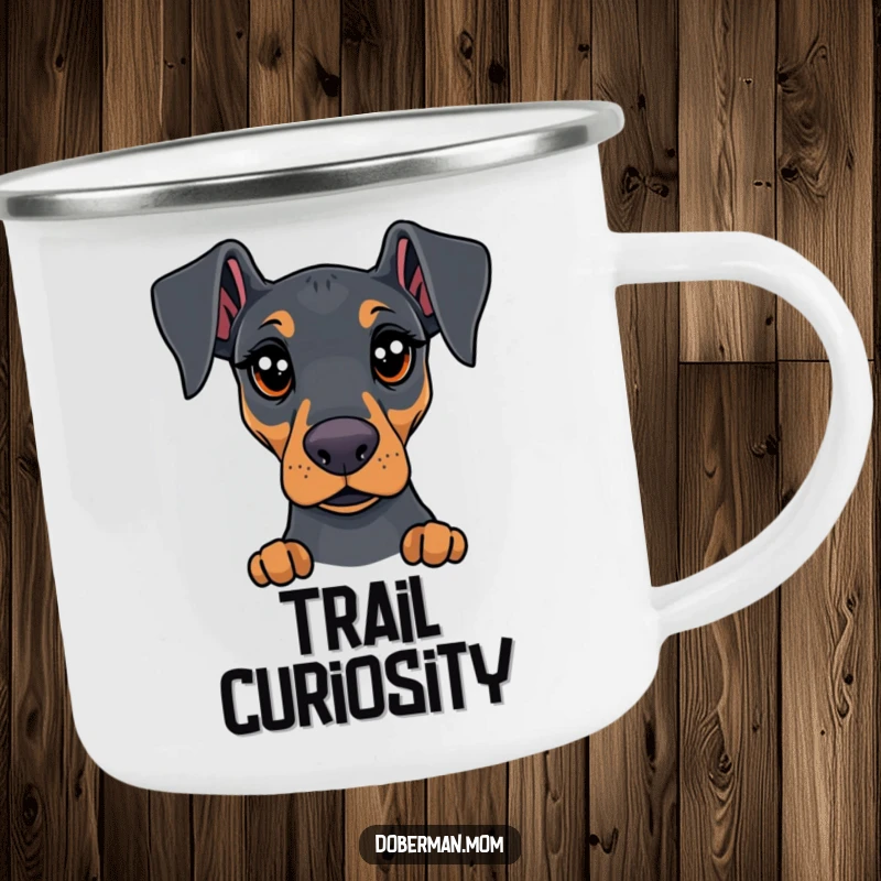 Funny Doberman camping mug featuring a dog with expressive, curious eyes, ideal for enjoying beverages outdoors humorously.