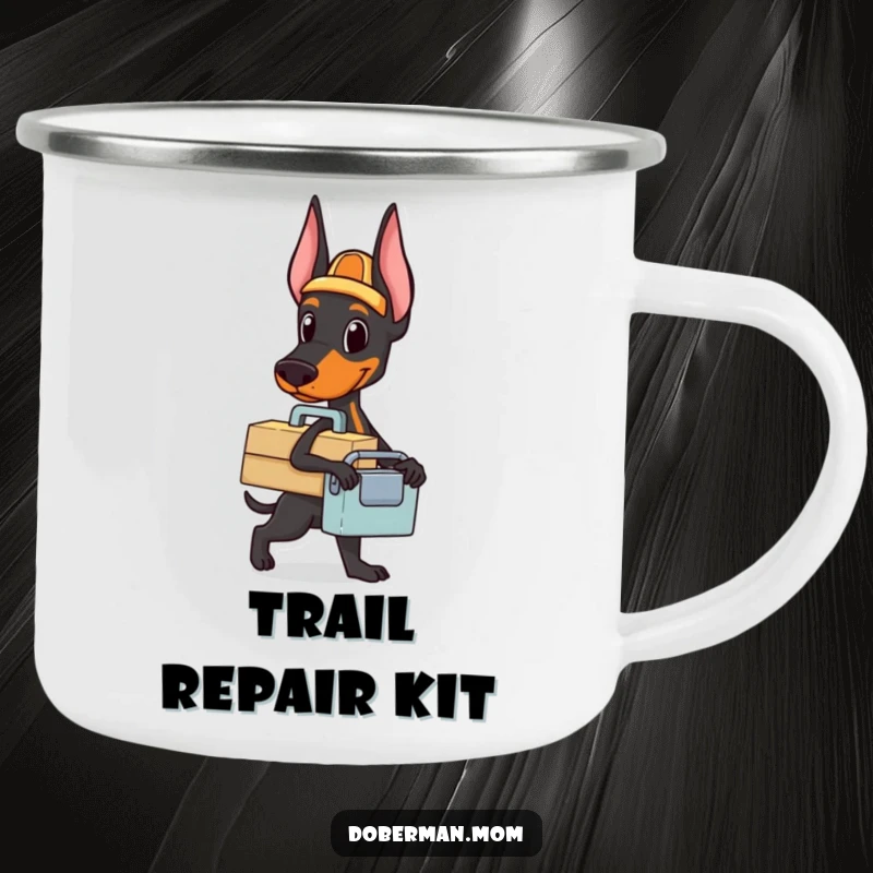 Funny Doberman toolbox camping mug featuring a dog with a small toolbox, ready for a task, perfect for outdoor adventures.