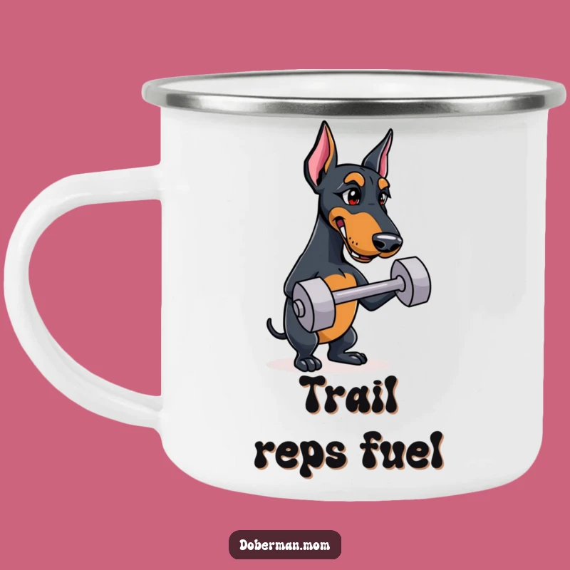 Funny Doberman Camping Mug: Determined Dog Dumbbell Cup, Outdoor Gift