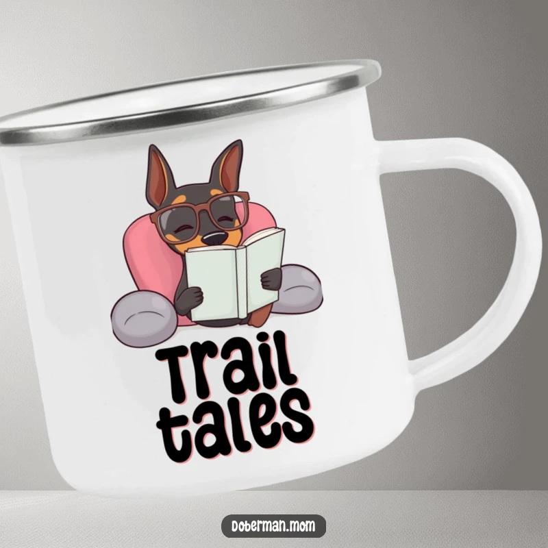 Funny Doberman dog wearing reading glasses relaxing, a humorous camping mug for outdoor readers.