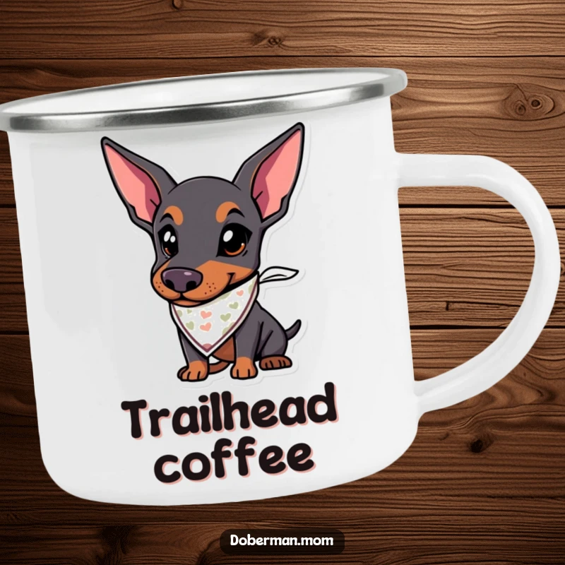 Funny camping mug with a durable design, showing a Doberman dog wearing a bandana and ready for adventures.