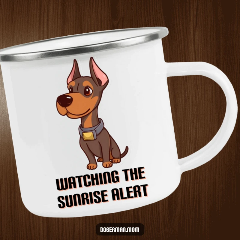 Funny Doberman Camping Mug: A sophisticated Doberman in a classy collar, looking alert and ready for campfire stories.