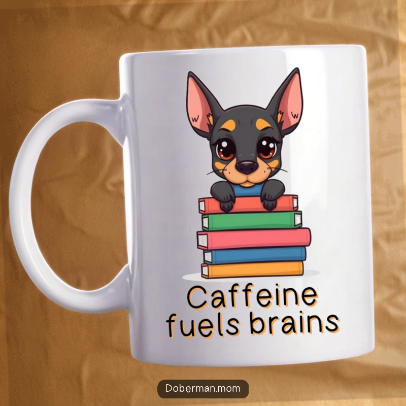 Funny Doberman Book Stack Mug featuring a determined dog balancing a pile of books; a humorous gift for intelligent canine fans.