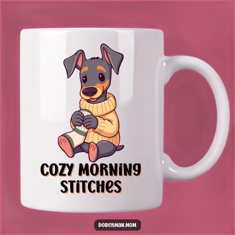 Funny Doberman Knitting Mug: Cozy Sweater Pup Crafty Gift