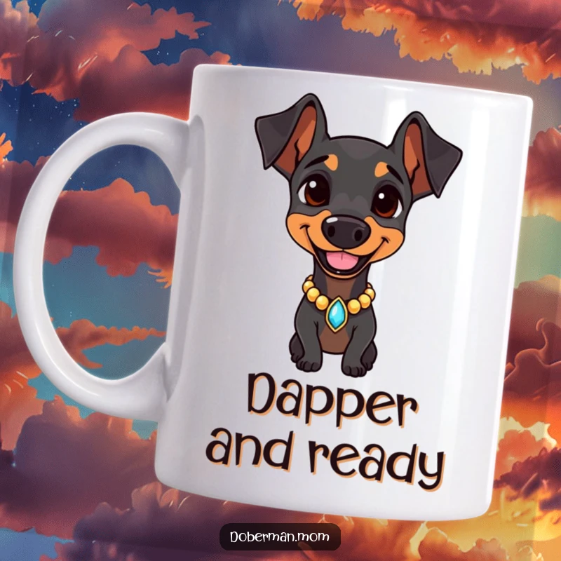 Confident Doberman wearing a jeweled collar, smiling proudly on a mug, exuding elegance and canine charisma.