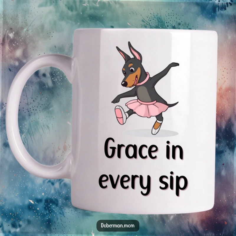 Funny Doberman dog wearing ballet slippers, attempting a graceful pose on a mug, celebrating canine dance and humor.