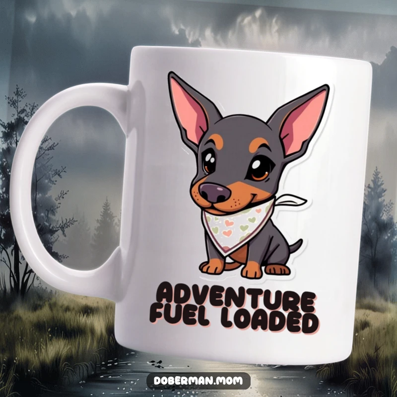 Funny mug showing a Doberman dog wearing a tiny bandana, looking determined and ready for exciting adventures.