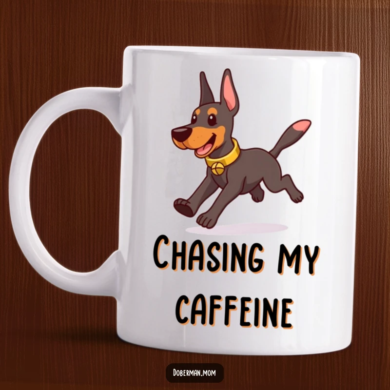 Funny Doberman wearing a tinkling bell collar, playfully chasing its own tail in a comedic spin on a mug.