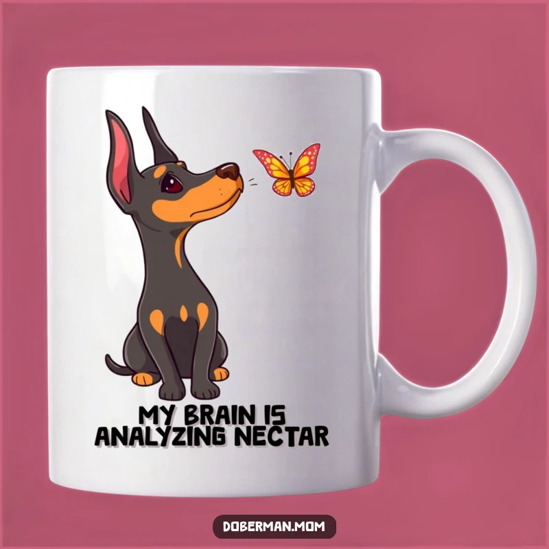 Funny Doberman Butterfly Mug: Adorable Curious Dog Watching Nature, Perfect Gift