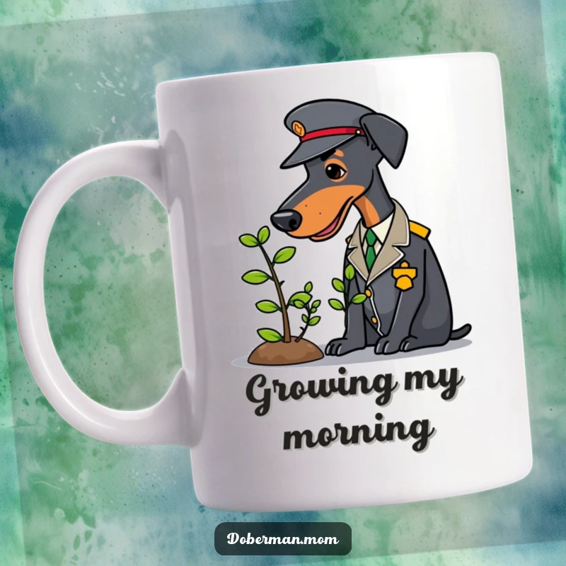 Funny Doberman in a smart uniform gently tending a small sapling, depicted on a funny mug.