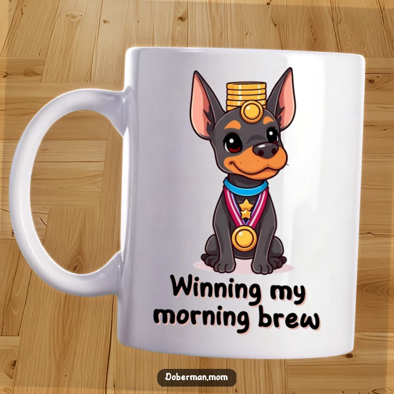 Funny Doberman mug showing a sleek dog gracefully balancing a tall stack of shiny gold medals on its head.