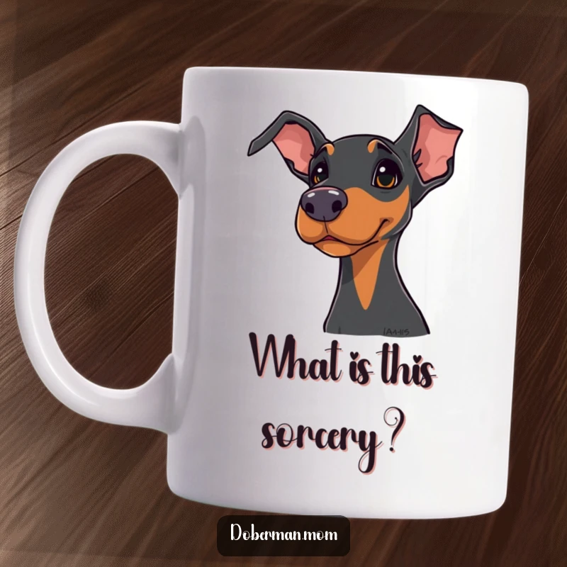 Funny Doberman mug showcasing a dog tilting its head curiously, looking at something intriguing with a funny expression.