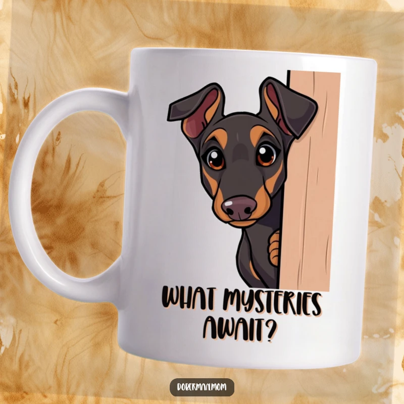 Funny Doberman mug, curious dog peeking around a corner with wide, innocent eyes, a humorous and intriguing expression.