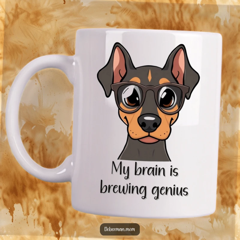 Funny Doberman Professor Mug, a sophisticated canine in tiny spectacles, intently reading, perfect for gifting any smart dog enthusiast.