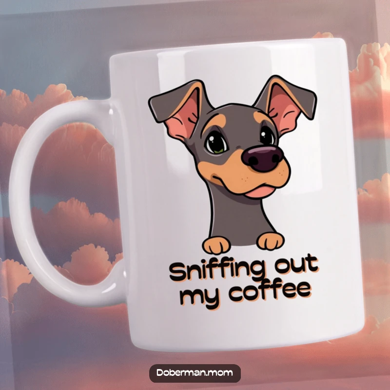 Funny Mug: Alert Doberman character with perked ears, curiously sniffing the air, embodying canine investigation and humor.