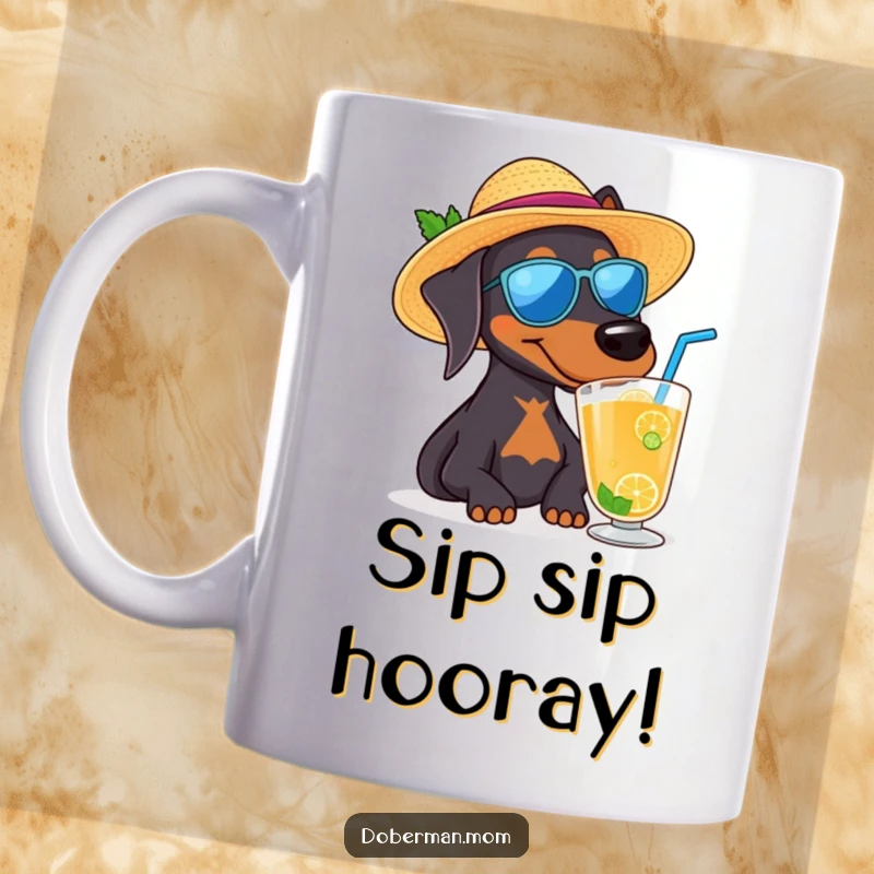Funny Doberman dog wearing a sun hat sips a drink, exuding vacation vibes on this mug.