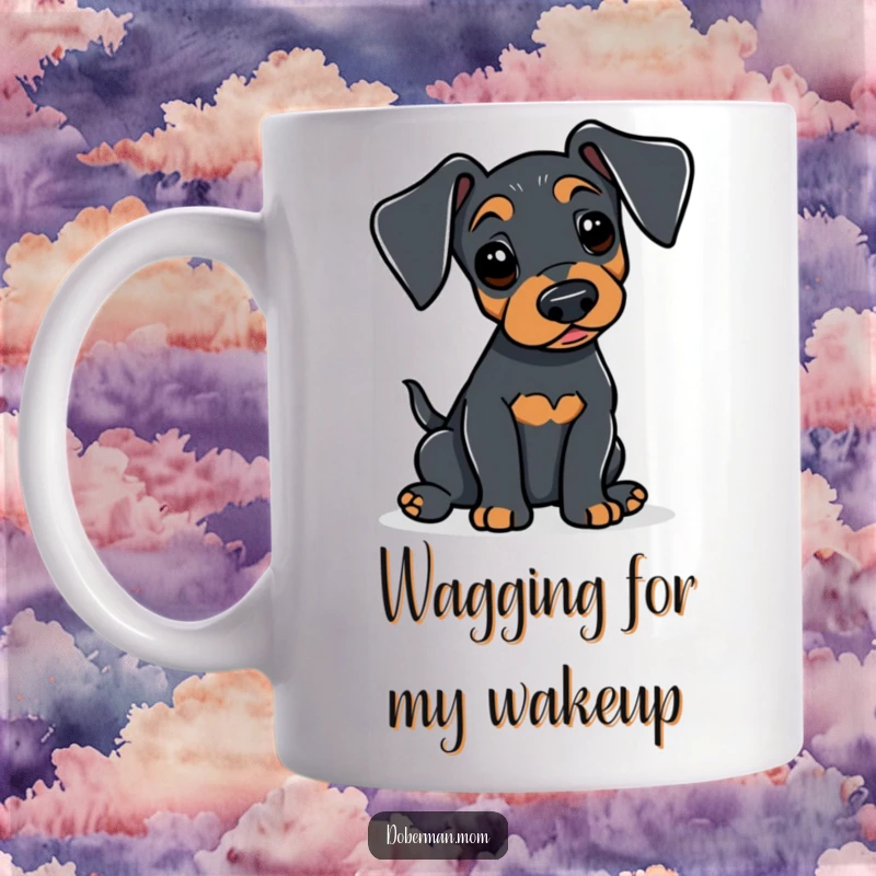 Funny Doberman mug featuring an alert dog with perked ears gently wagging its tail, conveying subtle happiness and friendly charm.