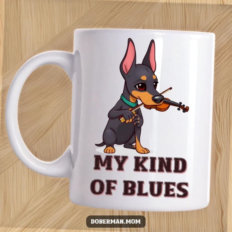 Funny Doberman playing a tiny violin with intense focus, a comical dog gift mug.
