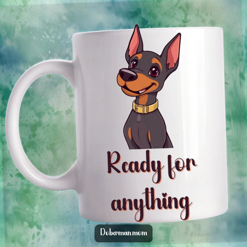 Funny Happy Doberman Pose Mug showing a joyful dog in a sleek collar striking a confident pose; a cheerful gift.
