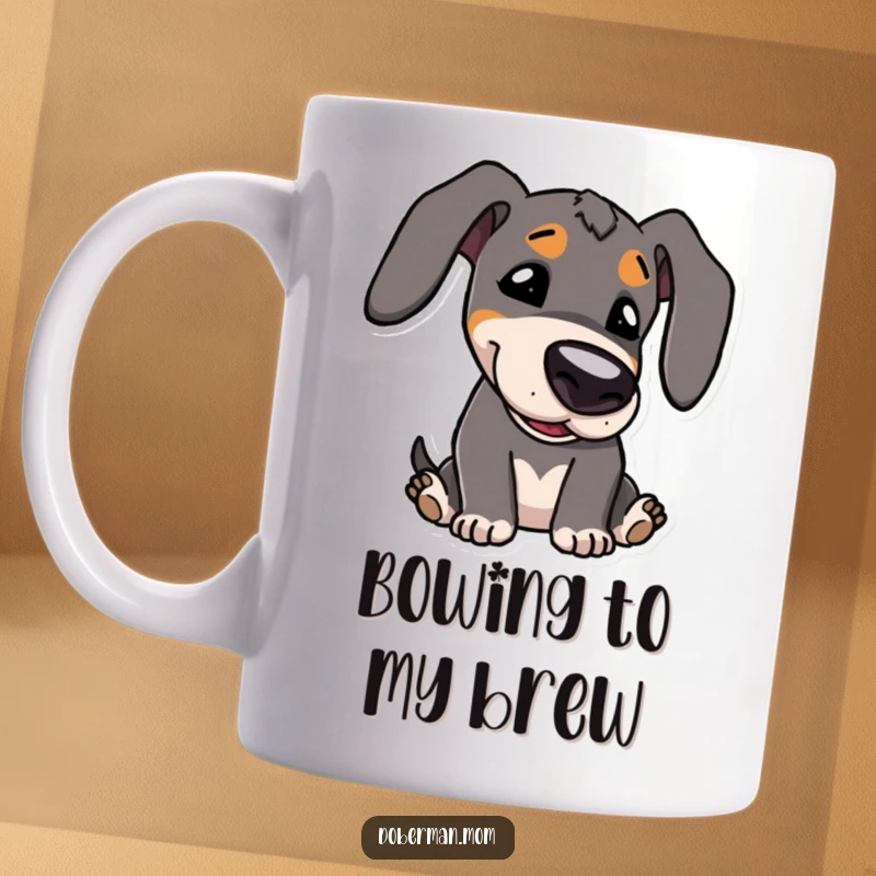 Funny Mug: Kawaii Doberman character with large, expressive eyes, playfully bowing its head in a gesture of sweet respect.