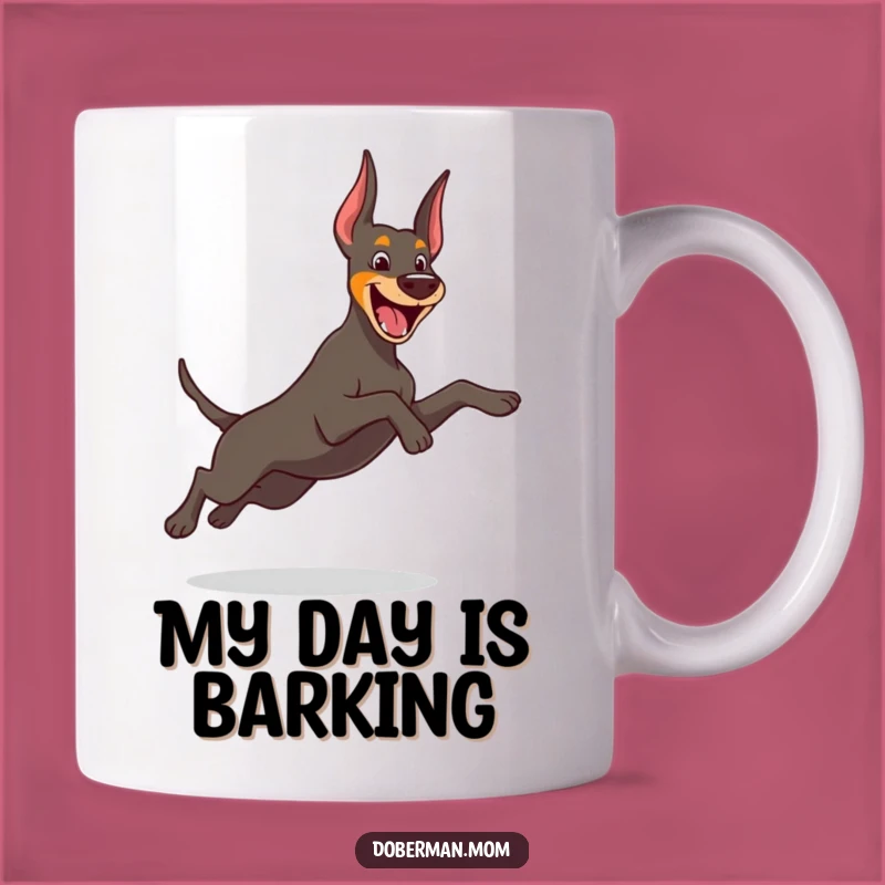 Funny Leap Doberman Mug: Cheerful Dog's Playful Jump for a Fun Gift