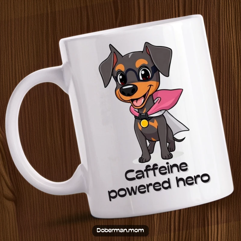 Funny Doberman mug featuring a happy dog wearing a tiny superhero cape, looking ready for action and heroic deeds.
