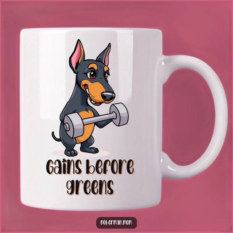 Funny Doberman Gym Mug: Determined Dog Lifting Dumbbell, Perfect Fitness Gift