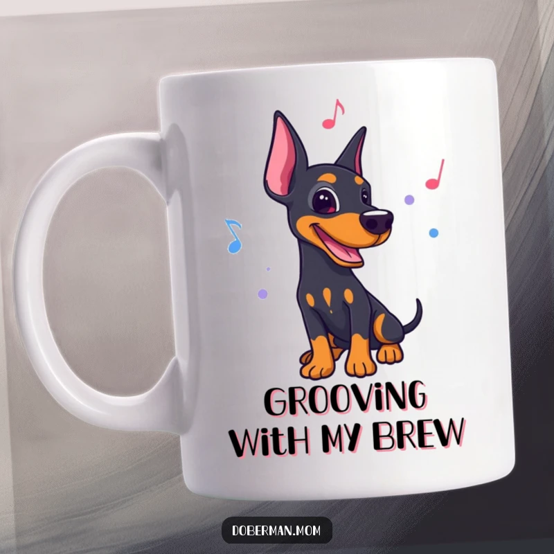 Funny Doberman mug, joyfully moving to a lively rhythm, with musical notes swirling, a true music fan.