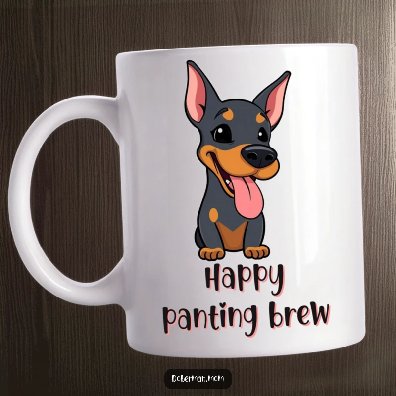 Funny mug showing a Doberman dog with its tongue sticking out slightly, panting happily and looking content.