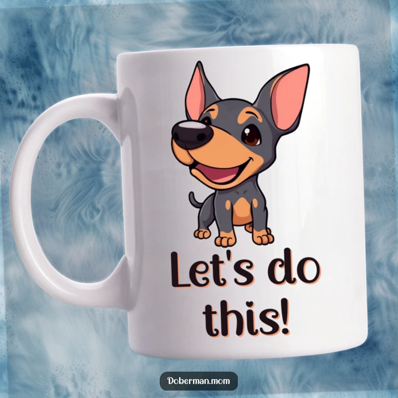 Funny Doberman mug showing a dog mid-playful bark, mouth open, inviting interaction and fun.