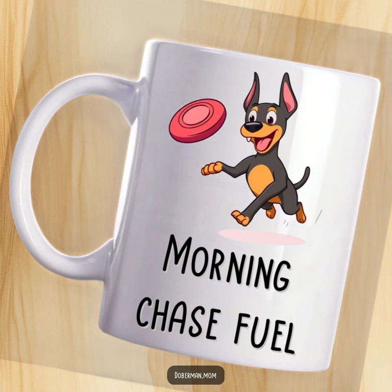 Funny Frisbee Doberman Mug: A happy Doberman joyfully running, eyes locked on a frisbee in mid-air.