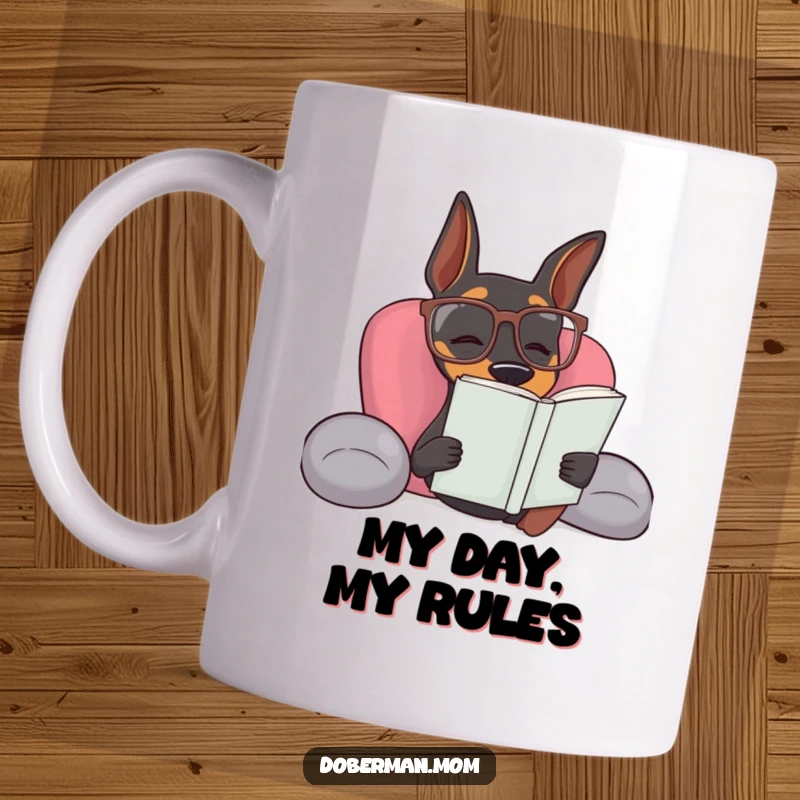 Funny Doberman dog wearing reading glasses is relaxing peacefully, a humorous mug for book lovers.