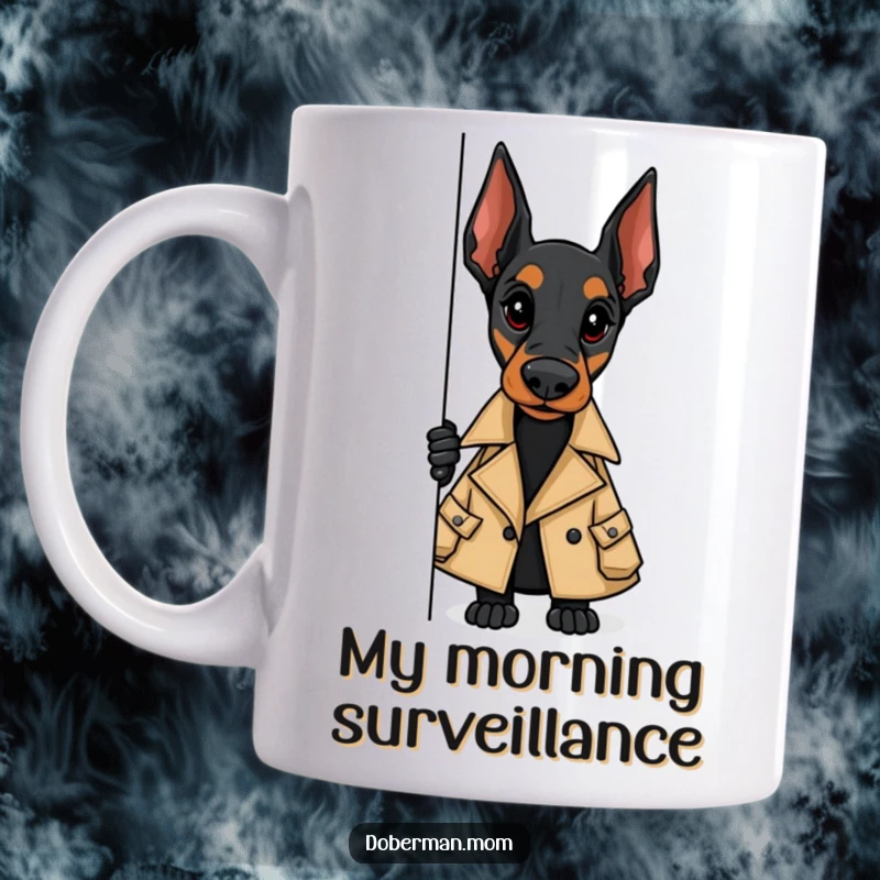 Funny mug showing a stylish Doberman in a trench coat, peeking mysteriously around a corner, ready for action.