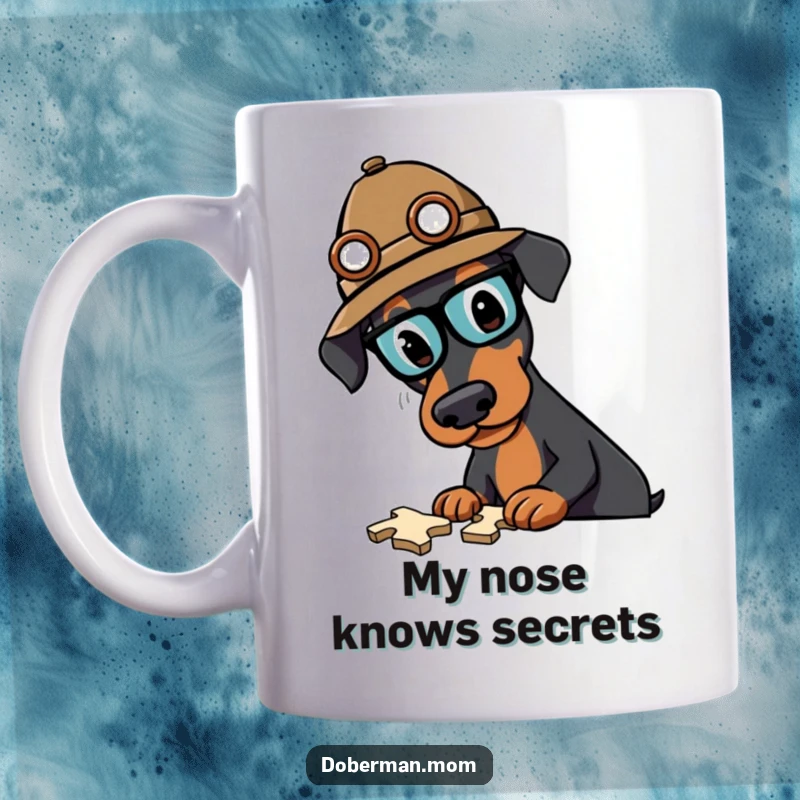 Funny Doberman detective mug featuring a smart dog in a hat, focused on solving a riddle, perfect for humor lovers.