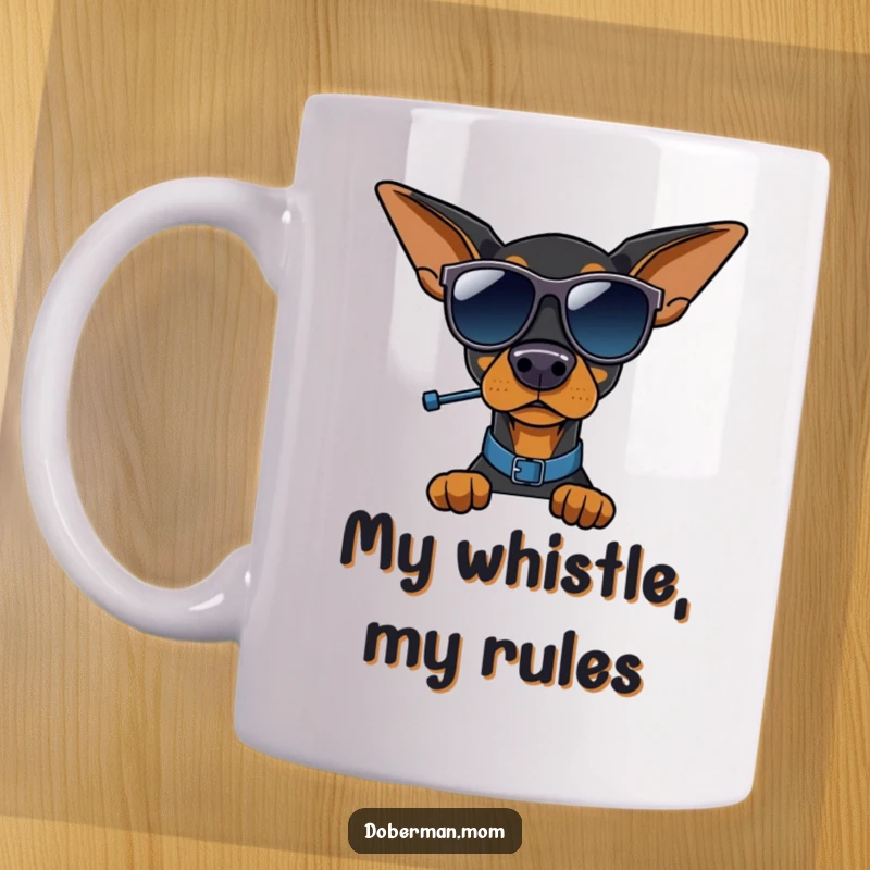Funny Doberman traffic cop mug, wearing oversized sunglasses, directing unseen cars with a tiny whistle, exuding cool authority.