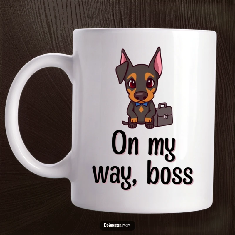 Funny Doberman holding a small briefcase with a determined look, ready for business on a mug.